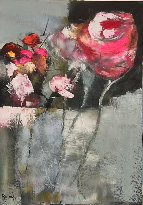 Painting titled "Mes fleurs imaginai…" by Marie Rouach, Original Artwork, Acrylic Mounted on Wood Stretcher frame