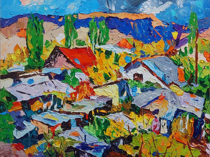 Schilderij getiteld "Village in Full Blo…" door Andranik Harutyunyan, Origineel Kunstwerk, Olie Gemonteerd op Frame voor hou…