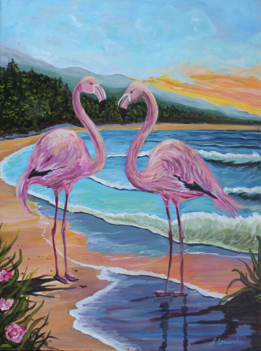Painting titled "Flamingos" by Asya Ignatova, Original Artwork, Acrylic