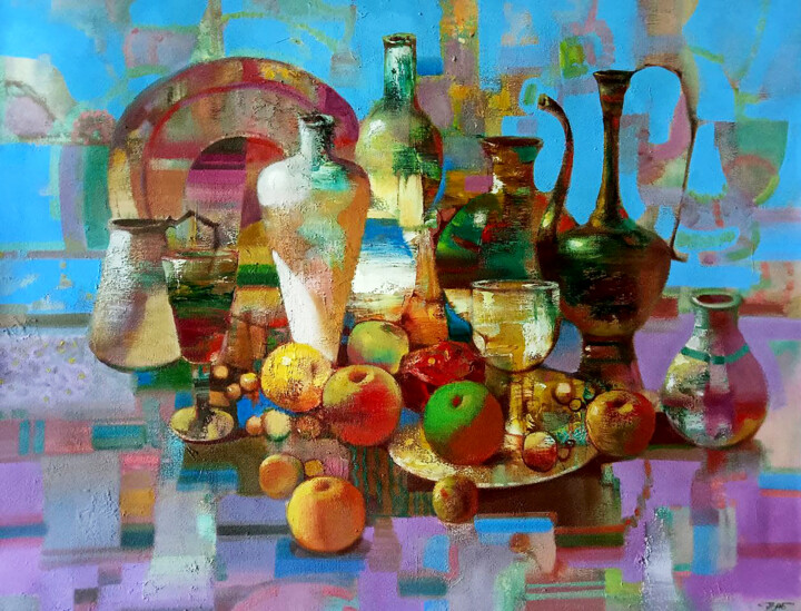 Still life with jugs and fruits 绘画, 29.5x35.4 in