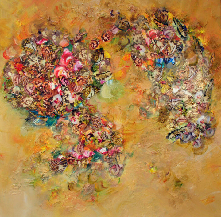 Schilderij getiteld "Butterfly Celestial" door Victoria Horkan, Origineel Kunstwerk, Olie Gemonteerd op Frame voor houten br…