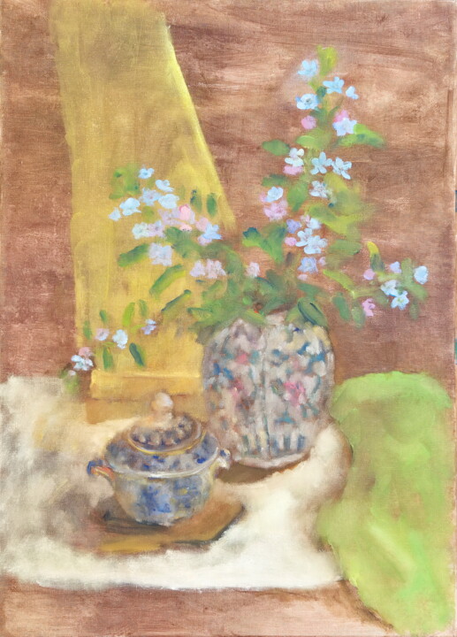 Deep blue flowers in an oriental vase with a sugar bowl