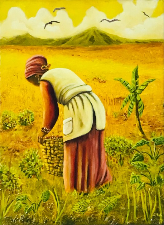 Painting titled "La récolte du bonhe…" by Stéphane Lionnel Komgueum, Original Artwork, Oil Mounted on Wood Panel