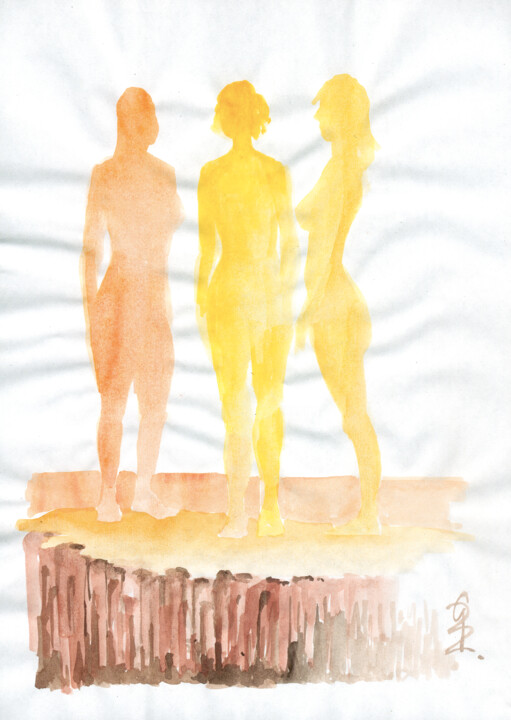 Zeichnungen mit dem Titel "Drei Silhouetten an…" von Götz Wiedenroth, Original-Kunstwerk, Aquarell