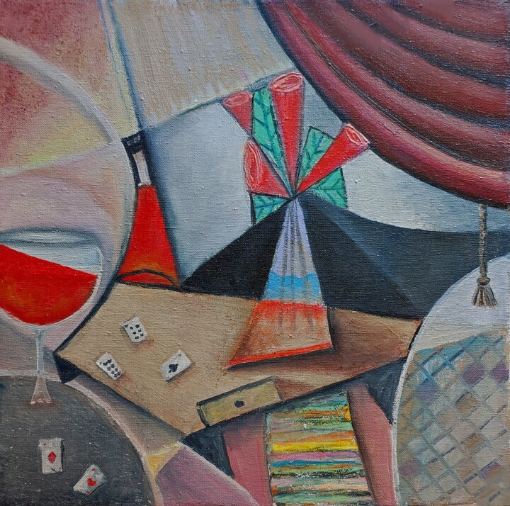 cubism oil painting on canvas original artwork 绘画, 15.8x15.8 in