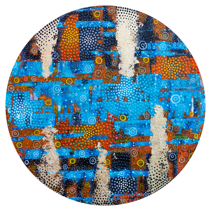 Painting titled "RoundAbstraction-2" by Olha Kuznietsova, Original Artwork, Acrylic Mounted on Wood Stretcher frame