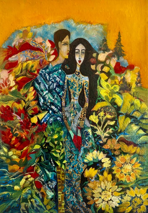 Schilderij getiteld "Двама" door Anna Mytavska (Cabrerra), Origineel Kunstwerk, Olie Gemonteerd op Houten paneel