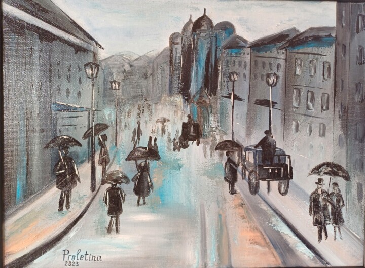 Painting titled "Life in the city" by Proletina Toteva, Original Artwork, Oil Mounted on Metal