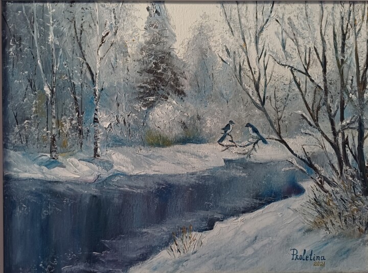 Painting titled "Life during the win…" by Proletina Toteva, Original Artwork, Oil Mounted on Metal