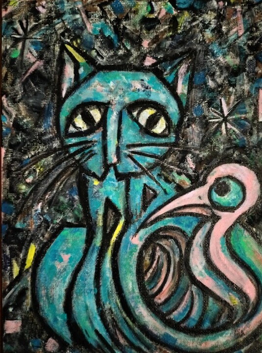 Peinture intitulée "Le chat et l'oiseau" par Noham Rudisuhli, Œuvre d'art originale, Acrylique