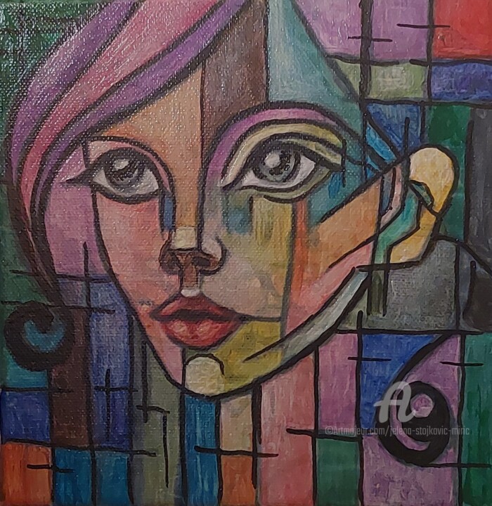 Painting titled "Cubist Girl" by Jelena Stojkovic Miric, Original Artwork, Acrylic