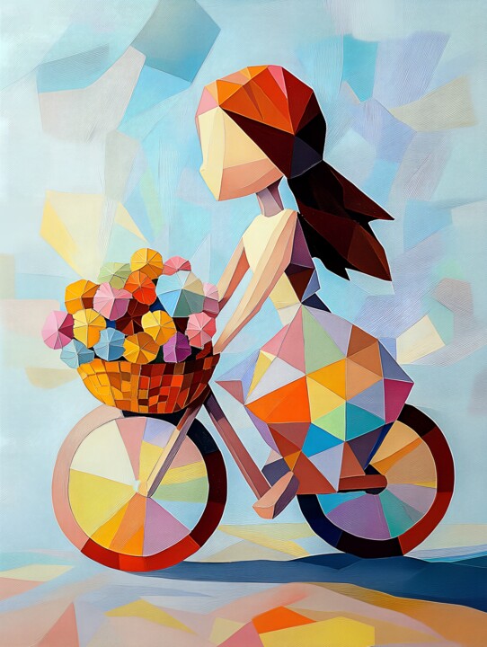 Minimalist Joy: Girl on Bicycle with Flowers 数字艺术
