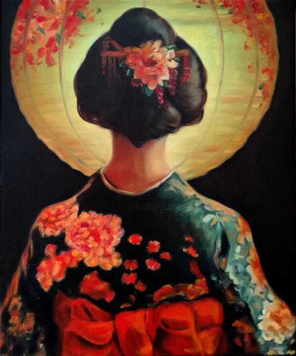 Painting titled "The Word of geisha" by Veronica Ciccarese, Original Artwork, Oil Mounted on Wood Stretcher frame