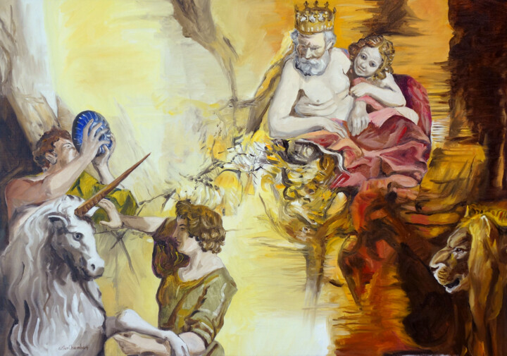 La Licorne et le Lion 绘画, 21.3x30.3 in