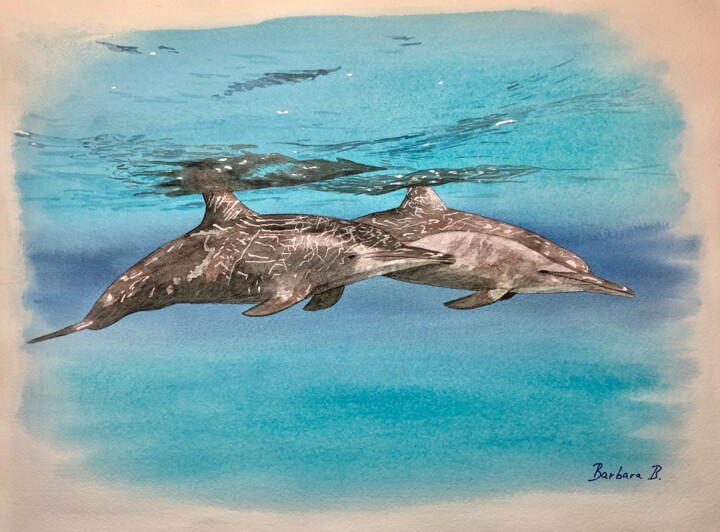 Painting titled "Duo Noce Turquoise" by Barbara B., Original Artwork, Watercolor Mounted on Cardboard