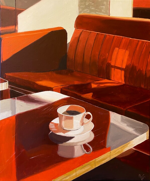Painting titled "Rouge café" by Sophie Cousineau, Original Artwork, Oil Mounted on Wood Stretcher frame