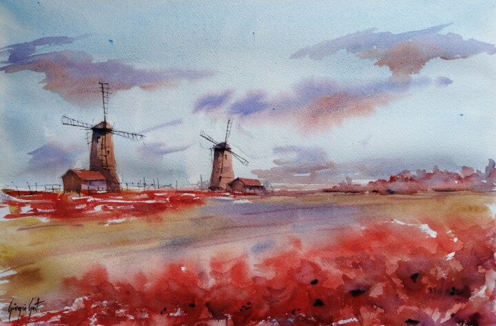 Painting titled "windmill 9" by Giorgio Gosti, Original Artwork, Watercolor
