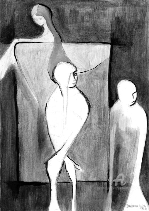 Painting titled "ThreeFigures" by Jelena Stojkovic Miric, Original Artwork, Ink