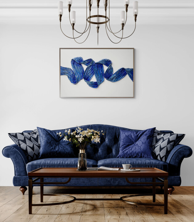 Textile Art titled "THE BLUE WAVE" by Alla Grande, Original Artwork, Fabric Mounted on Wood Stretcher frame