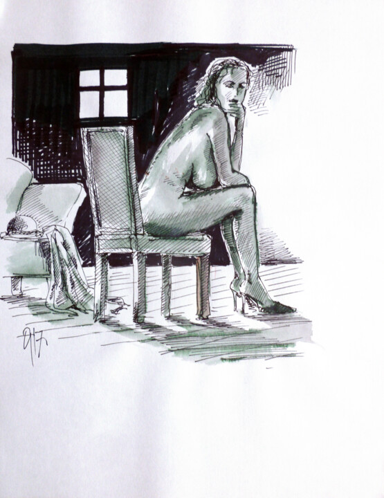 Tekening getiteld "La Penseuse." door Götz Wiedenroth, Origineel Kunstwerk, Marker
