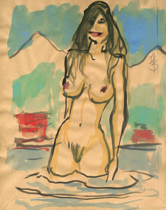 Tekening getiteld "Badende in Bergland…" door Götz Wiedenroth, Origineel Kunstwerk, Aquarel