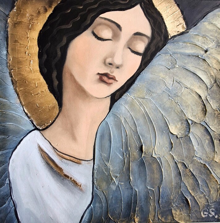 Painting titled "Angel" by Galina Shumilova, Original Artwork, Oil Mounted on Wood Stretcher frame