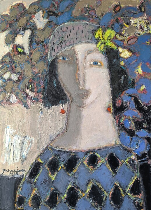 Painting titled "Portrait of a Girl" by Natalia Yanekina, Original Artwork, Oil Mounted on Wood Panel