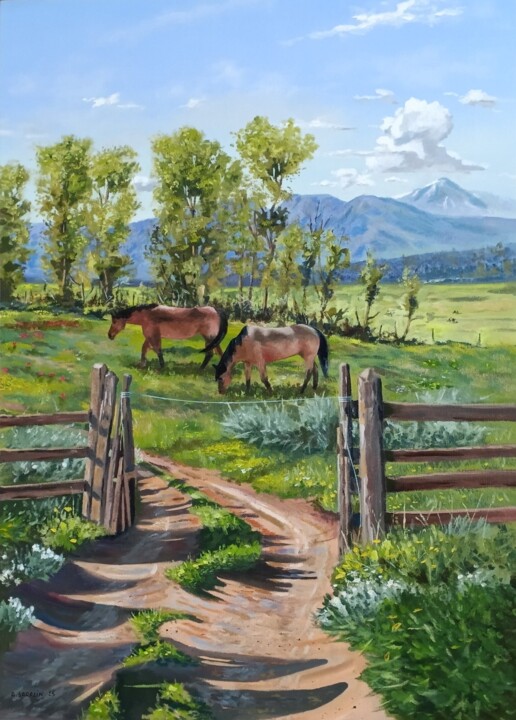 Chevaux au pré Tablo, 27,6x19,7 in