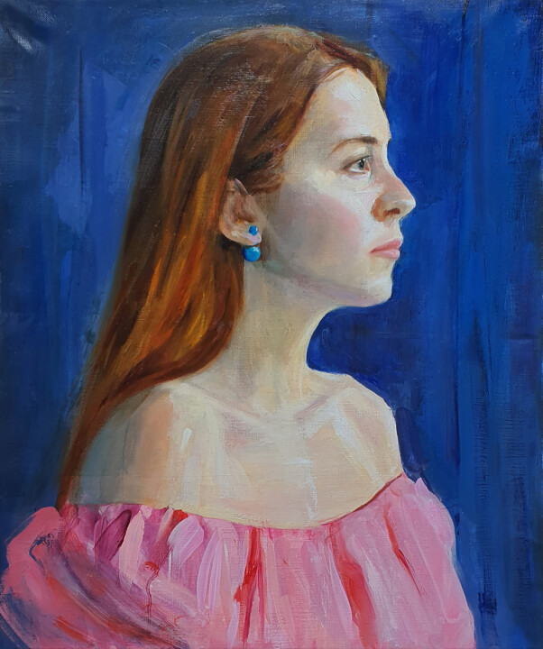 Painting titled "A Portrait of a Str…" by Anastasiia Astapenko, Original Artwork, Oil Mounted on Wood Stretcher frame