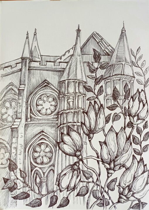 Abbey in blossom 绘画, 11.8x8.3 in