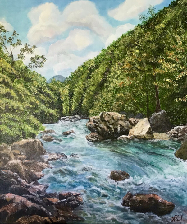 Painting titled "The Tara River in n…" by Natalia Glazunova, Original Artwork, Acrylic Mounted on Wood Stretcher frame