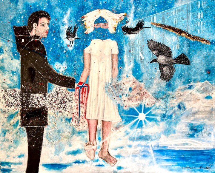 Painting titled "Walking on clouds" by Christian Perez De Carvasal, Original Artwork, Oil Mounted on Wood Stretcher frame