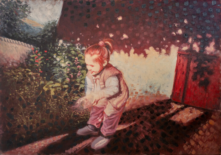 My sister/Little girl watering mediterranean yard Pintura, 27,6x39,4 in