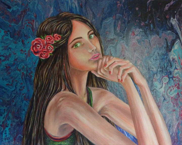 Wild rose – a woman’s portrait in fluid colors 绘画, 15.8x19.7 in
