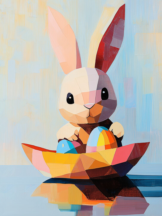 Modern Serenity: Cubist Bunny & Origami Boat Art Dijital Sanat