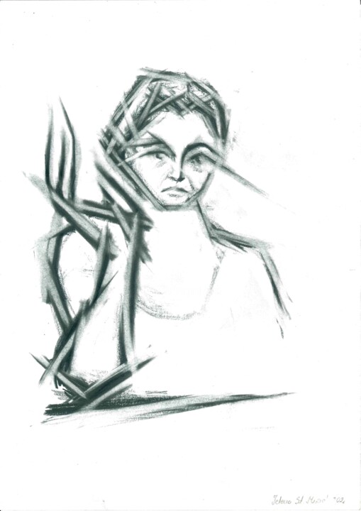 Painting titled "Woman with a raised…" by Jelena Stojkovic Miric, Original Artwork, Graphite