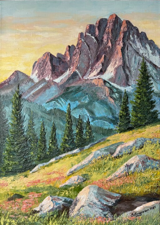 Painting titled "Flaming Rocks" by Stella Grigorian, Original Artwork, Oil Mounted on Wood Stretcher frame