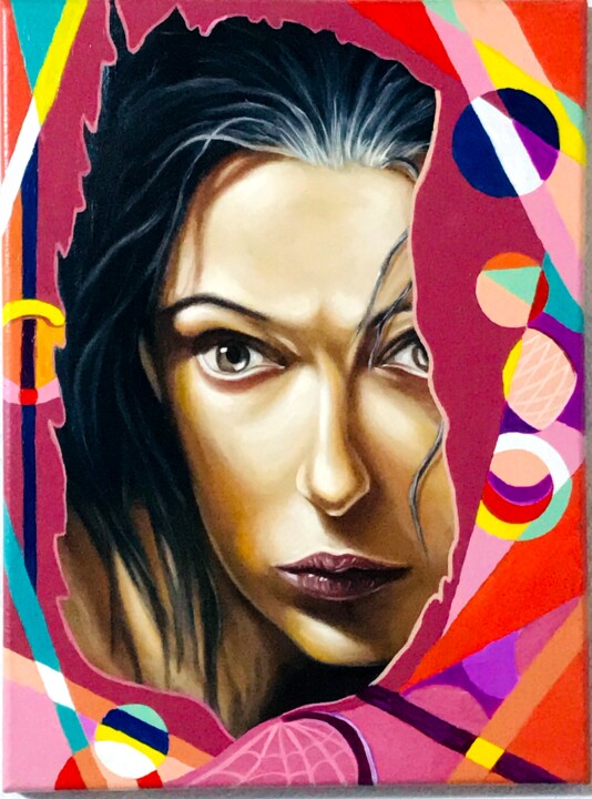 Painting titled "Le regard" by Stéphane Lionnel Komgueum, Original Artwork, Oil Mounted on Wood Panel