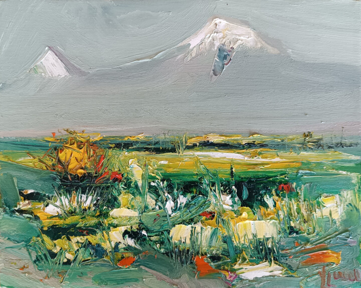 Schilderij getiteld "Awakening Valley" door Vlas Ayvazyan, Origineel Kunstwerk, Olie Gemonteerd op Frame voor houten brancard