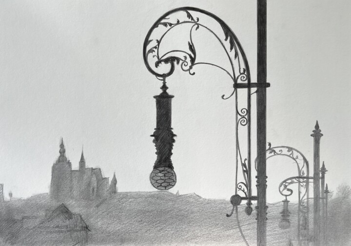 Drawing titled "Street lamp, Prague" by Ivan Klymenko, Original Artwork, Pencil