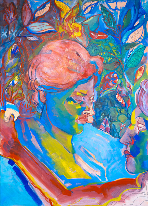 Schilderij getiteld "Notre couple" door Mickael Popowycz, Origineel Kunstwerk, Olie Gemonteerd op Frame voor houten brancard