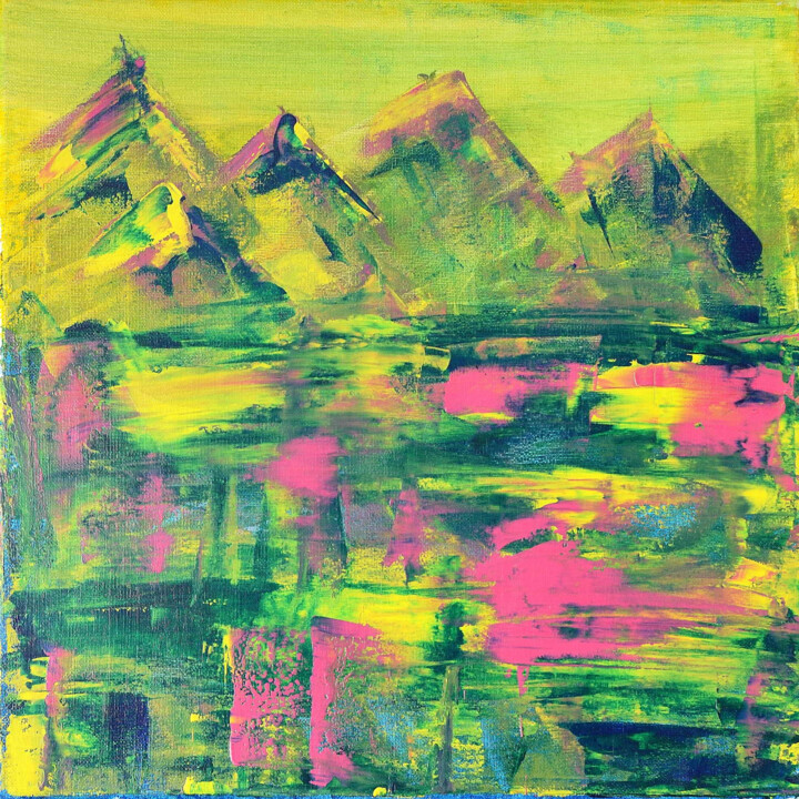 Schilderij getiteld "Neon Peaks" door Iliana Ovtcharova, Origineel Kunstwerk, Acryl Gemonteerd op Karton