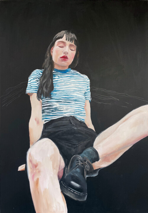 Painting titled "stripe t-shirt" by Elina Evstig, Original Artwork, Oil Mounted on Wood Stretcher frame