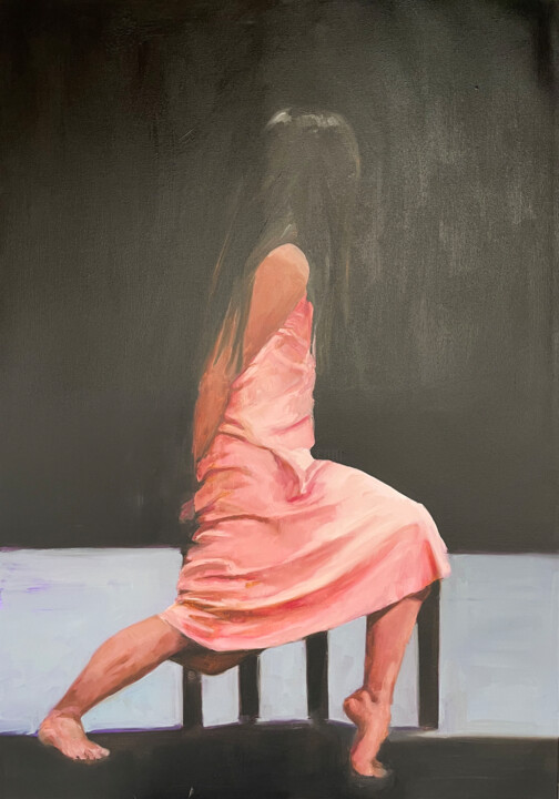 Painting titled "pink dress" by Elina Evstig, Original Artwork, Oil Mounted on Wood Stretcher frame