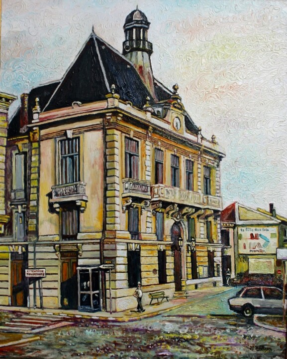 Painting titled "La Mairie de Villen…" by Jean-Louis Martinez, Original Artwork, Oil Mounted on Wood Stretcher frame