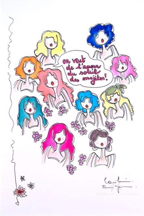 Drawing titled "Amour, soleil et mo…" by Caroline Montigneaux, Original Artwork, Ink