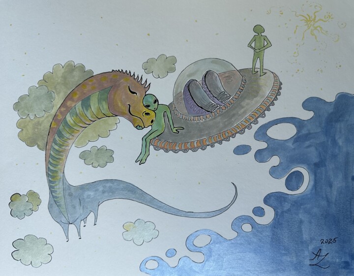 Malerei mit dem Titel "Goodbye, Long-Necke…" von Anita Zotkina, Original-Kunstwerk, Tinte