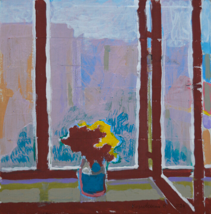 Painting titled "Fog. Flowers on the…" by Mykola Kozlovskyi, Original Artwork, Acrylic Mounted on Cardboard