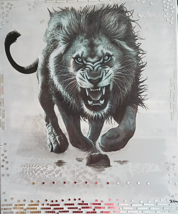 Κολάζ με τίτλο "Lion sauvage" από Félina, Αυθεντικά έργα τέχνης, Κολάζ Τοποθετήθηκε στο Ξύλινο φορείο σκελετό
