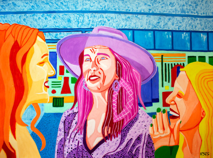 Painting titled "Shopping No. 3" by Randall Steinke, Original Artwork, Oil Mounted on Wood Stretcher frame